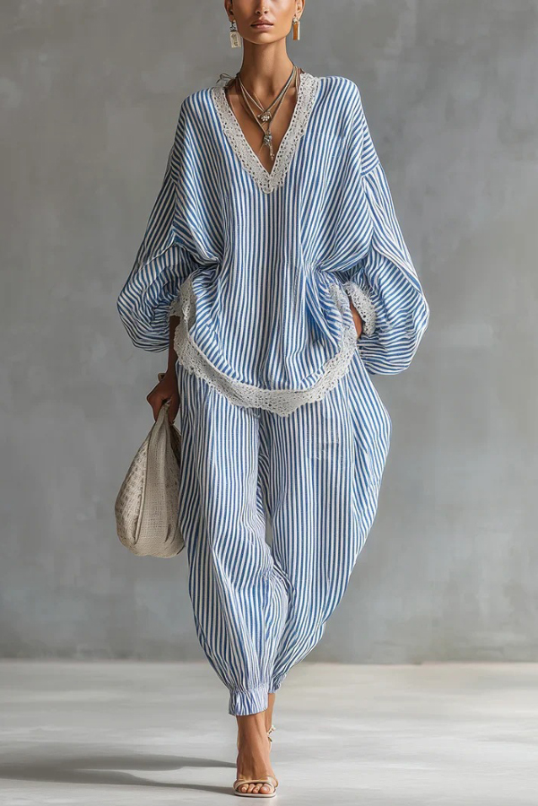 Striped Printed V-neck Lantern Sleeve Lace-trimmed Loose Top and Elastic Waist Casual Wide-leg Pants Set-Consonak