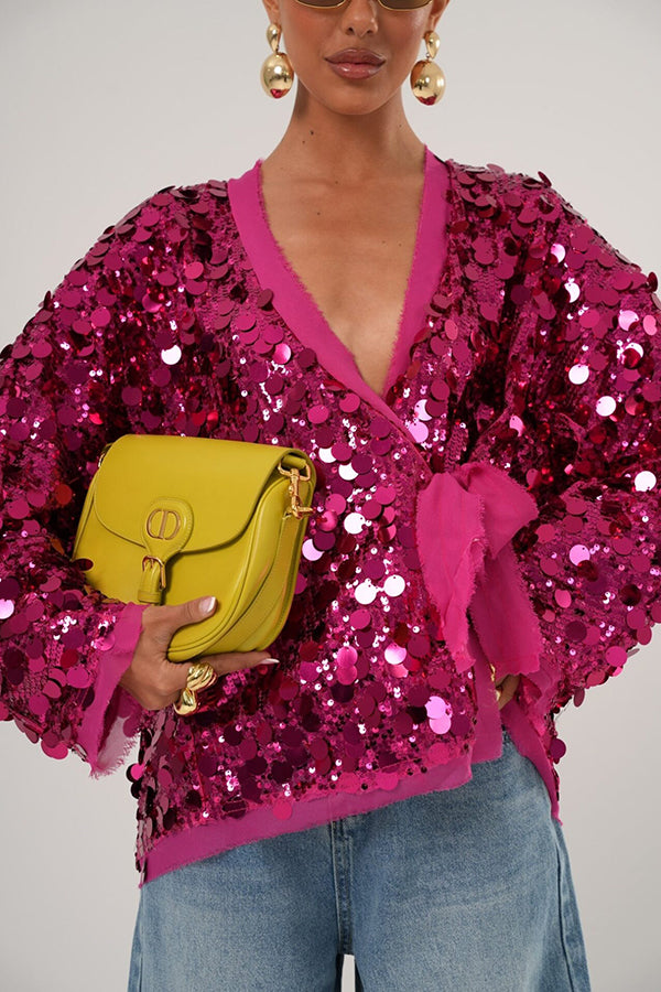 Fashion Sequined Long-sleeved V-neck Loose Lace-up Cardigan-consonak