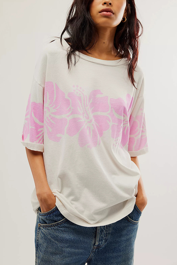 Floral Print Loose Round Neck Short Sleeve T-shirt-consonak
