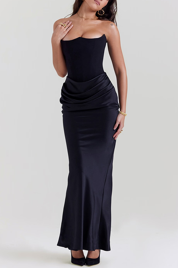 Attend The Gala Strapless Corset Satin Ruched Hip Drape Maxi Dress | Consonak