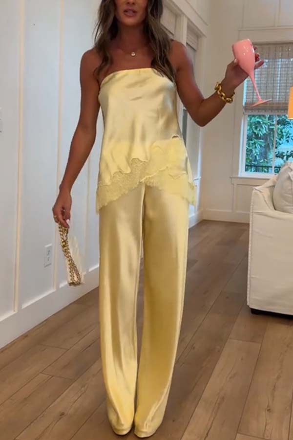 Odessa Satin Floral Lace Hem Strapless Tank and Mid Rise Wide Leg Pants Set-consonak