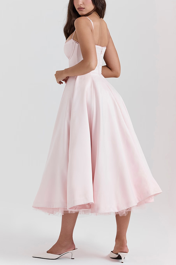 Fairytale Vibe Satin Patchwork Tulle Sweetheart Neck Pocket Stretch Midi Dress-consonak