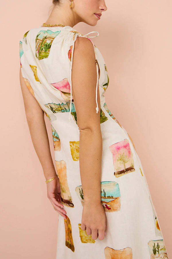 Art Summer Linen Blend Unique Print Drawstring Shoulder Loose Maxi Dress-consonak
