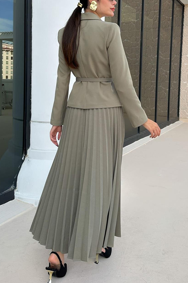 Solid Color Lapel Button Belt Blazer and Pleated Casual Maxi Skirt Set-consonak