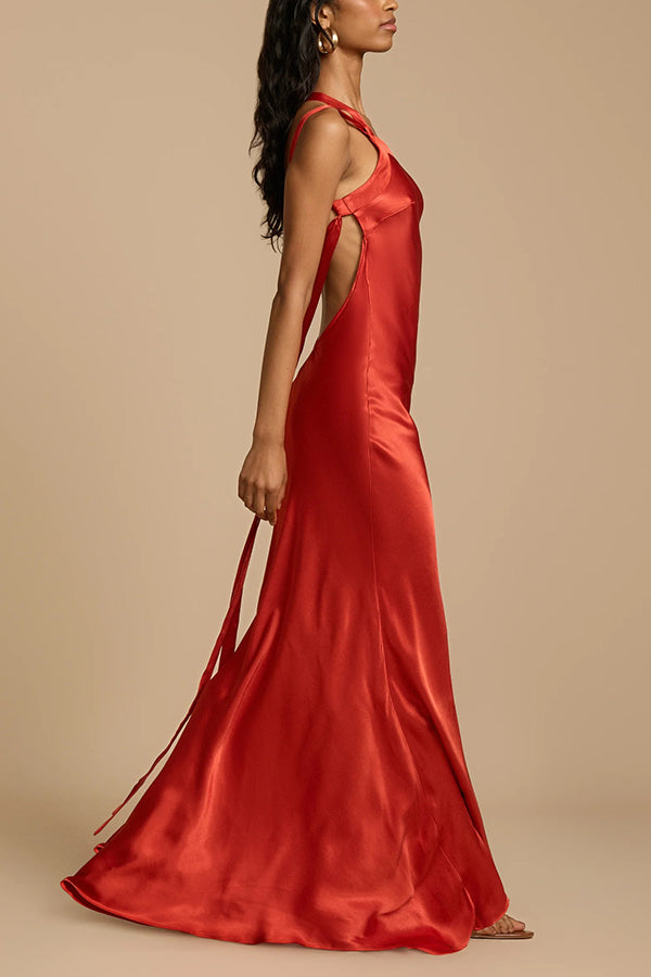 Moonlit Soiree Satin Asymmetrical One Shoulder Backless Strap Maxi Dress | Consonak