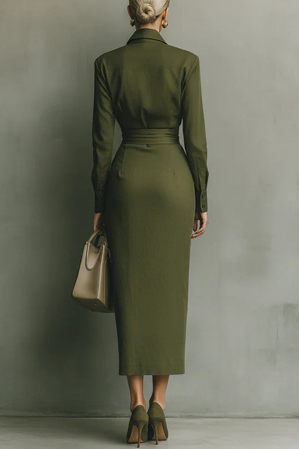 Solid Color Lapel Long Sleeve Pocket Slim-fit Asymmetrical Midi Dress | Consonak