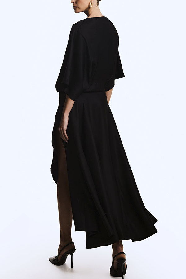 Modern and Elegant Satin Half Wide Sleeve Wrap Style Pocket Slit Loose Maxi Dress-consonak