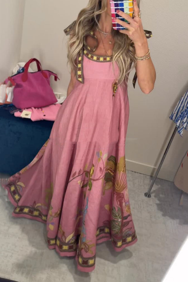 Linen Blend Unique Printed Tie-up Suspenders Pocket Elegant  Vacation Maxi Dress