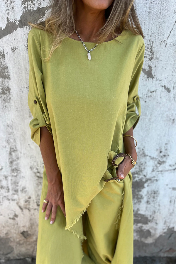 Jamilah Linen Blend Ring Detail Midi Blouse  and Elastic Waist Pocketed Loose Pants Set | Consonak