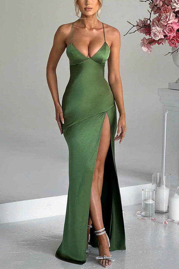 Satin Solid Color Sexy Backless Lace Up High Slit Maxi Dress-consonak