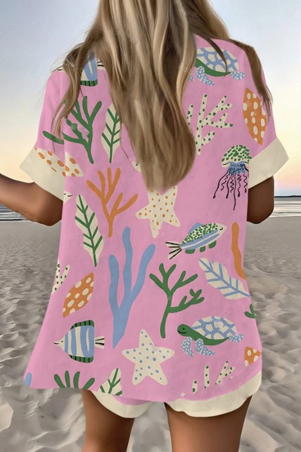 Aquatic Creature Print Loose Button Elastic Waist Shorts Set-consonak