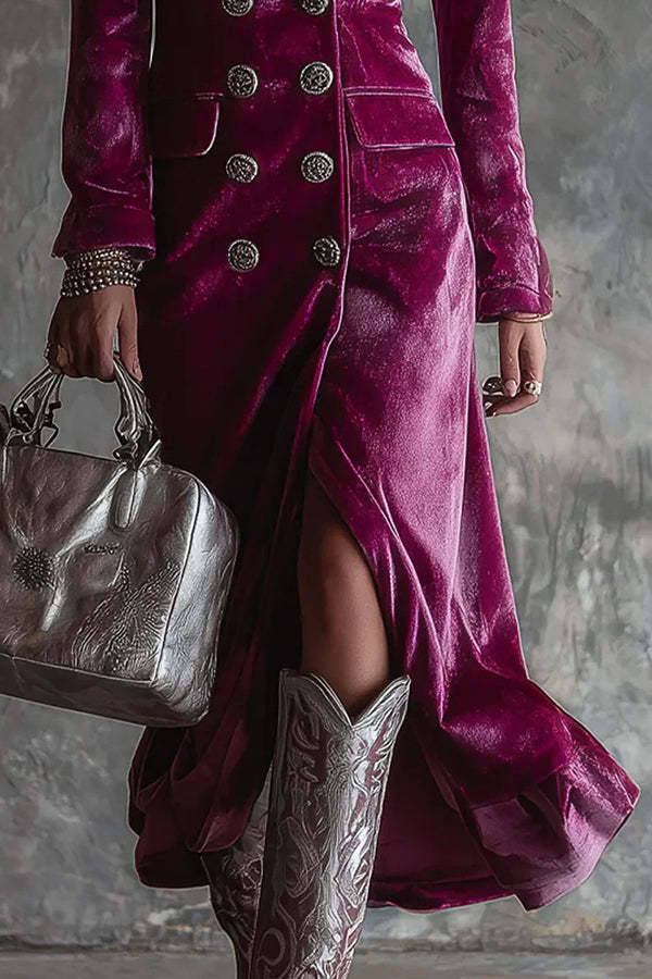 Elegant Velvet Collared Long-Sleeved Double-Breasted Midi Dress-consonak