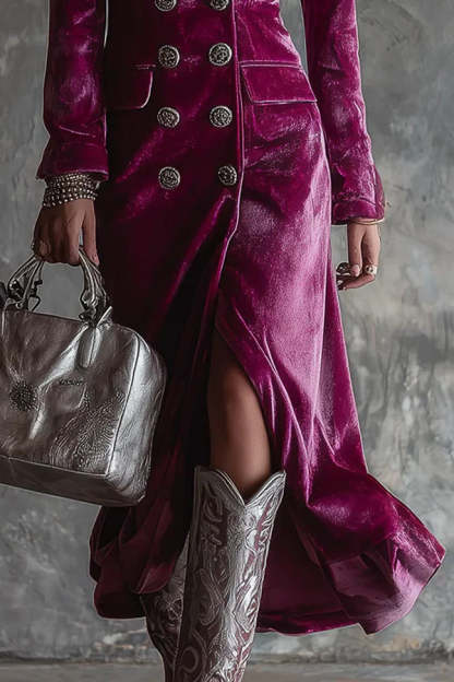 Elegant Velvet Collared Long-Sleeved Double-Breasted Midi Dress-consonak