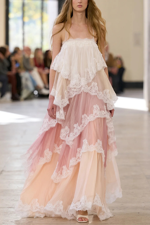 Caroline Gradient Layered Lace Trim Tiers Adjustable Straps Backless A-line Maxi Dress | Consonak