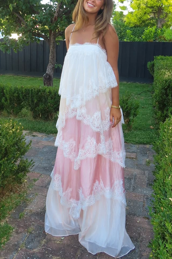 Caroline Gradient Layered Lace Trim Tiers Adjustable Straps Backless A-line Maxi Dress | Consonak