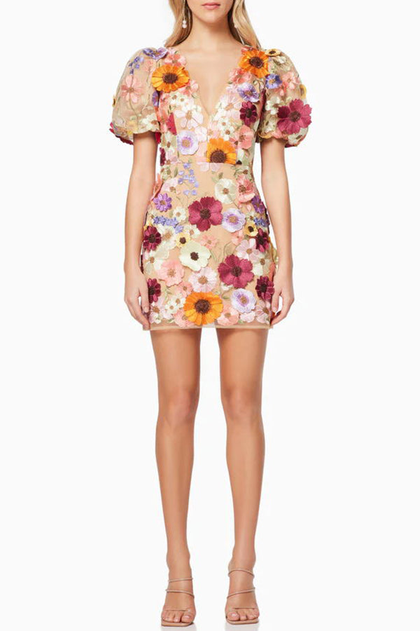 Garden Gala Embroidered Floral Applique Puff Sleeve Mini Dress-consonak