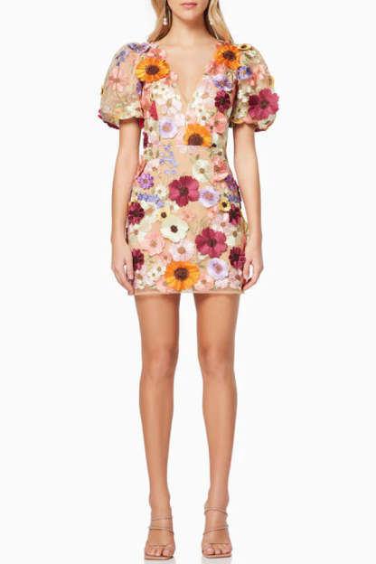 Garden Gala Embroidered Floral Applique Puff Sleeve Mini Dress-consonak