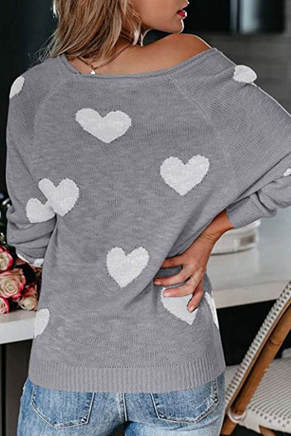 Stylish Color-blocked Heart-patterned Long-sleeved Loose Knit Sweater-consonak