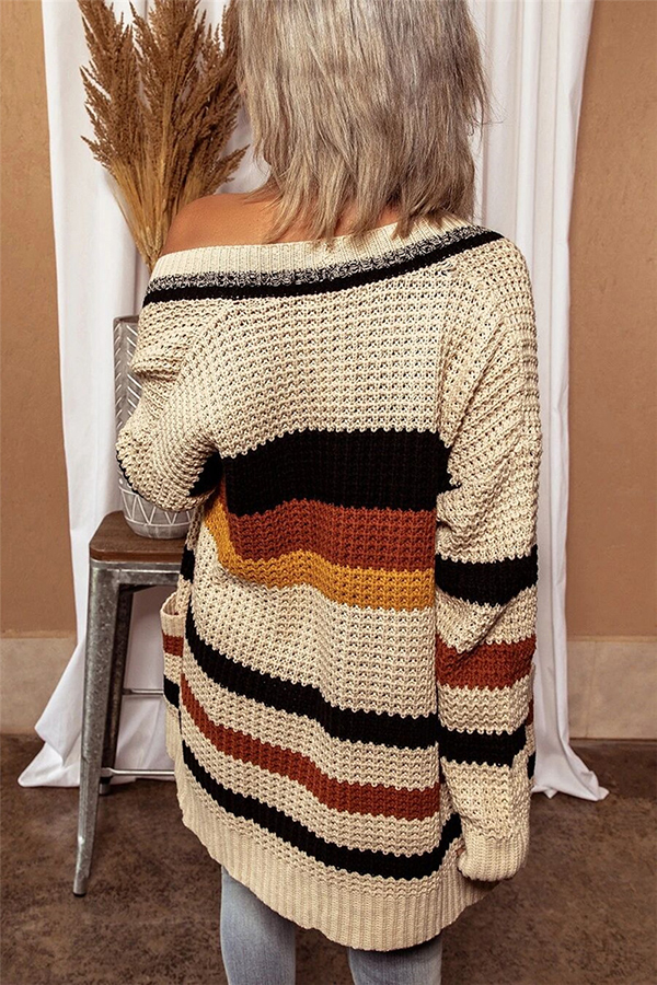 Knitted Striped Printed Loose V-neck Long-sleeved Casual Cardigan-consonak