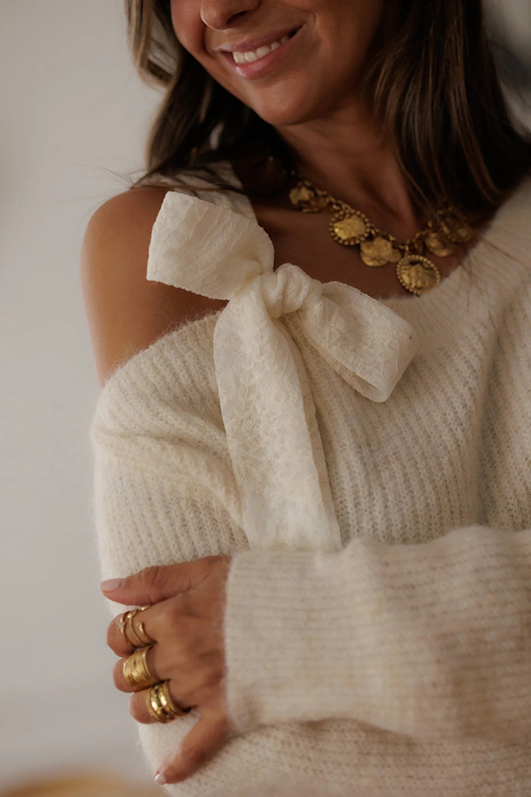 Solid Color Bow Tie Long-sleeved Casual Knit Sweater-consonak