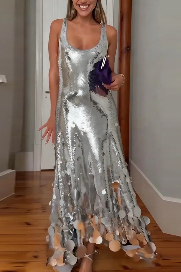 Party Tips Sequin Irregular Round Tassels Hem Back Cutout Tank Maxi Dress-consonak