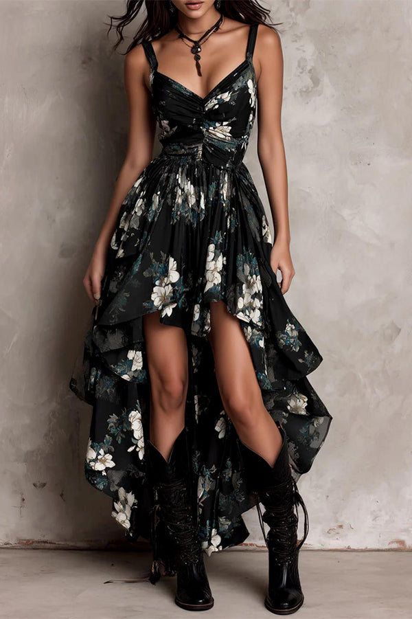 Midnight Wildflower High-Low Ruffle Floral Dress-Consonak