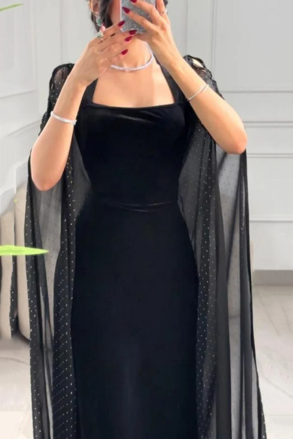 Solid Color Velvet Square Neck Slim Fit Rhinestone Maxi Dress-consonak