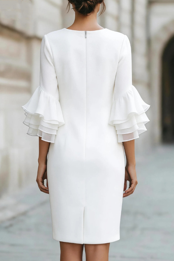 Solid Color Round Neck Ruffle Sleeve Elegant Mini Dress | Consonak
