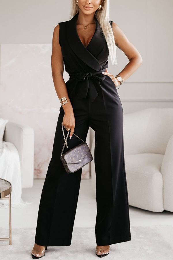Make Your Entrance Lapel Belt Pocketed Wide Leg Formal Jumpsuit-consonak
