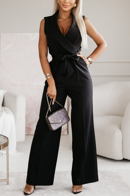 Make Your Entrance Lapel Belt Pocketed Wide Leg Formal Jumpsuit-consonak