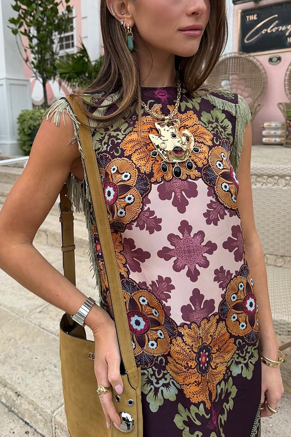 Bohemian Style Floral Print Tassel Trim Irregular Hem Slit Scarf Midi Dress