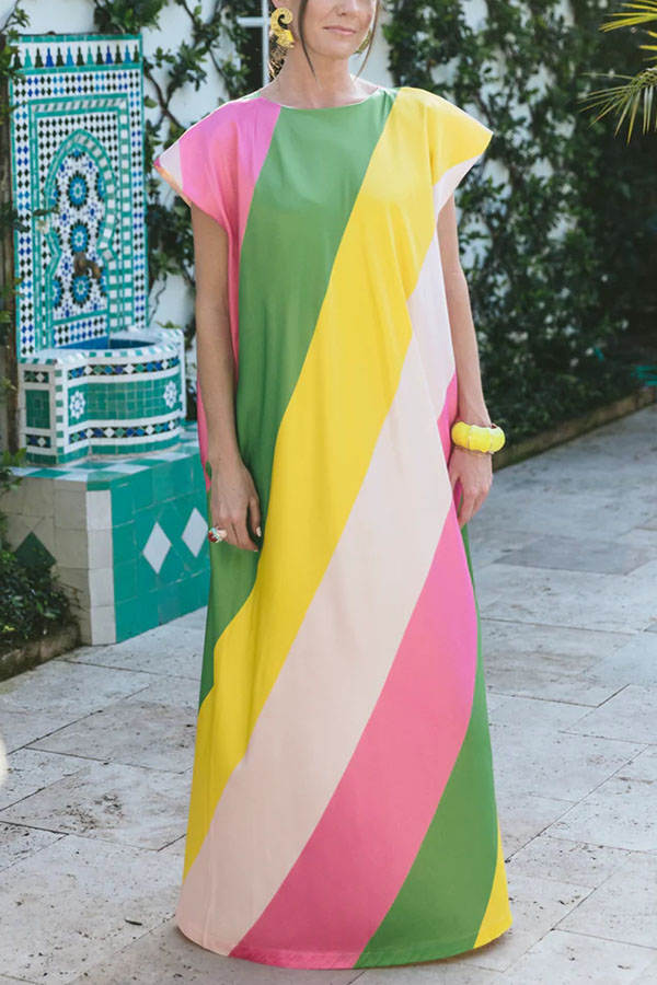 Vintage Summer Chic Satin Bold Striped Short Sleeve Loose Maxi Dress-consonak