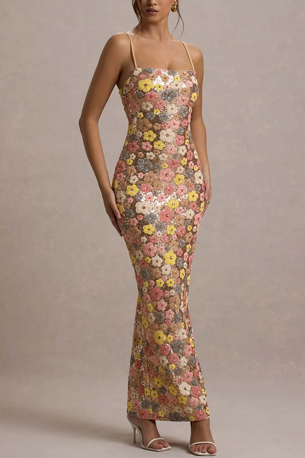 80's Inspired Floral Print Sequin Square Neck Slip Stretch Maxi Dress | Consonak