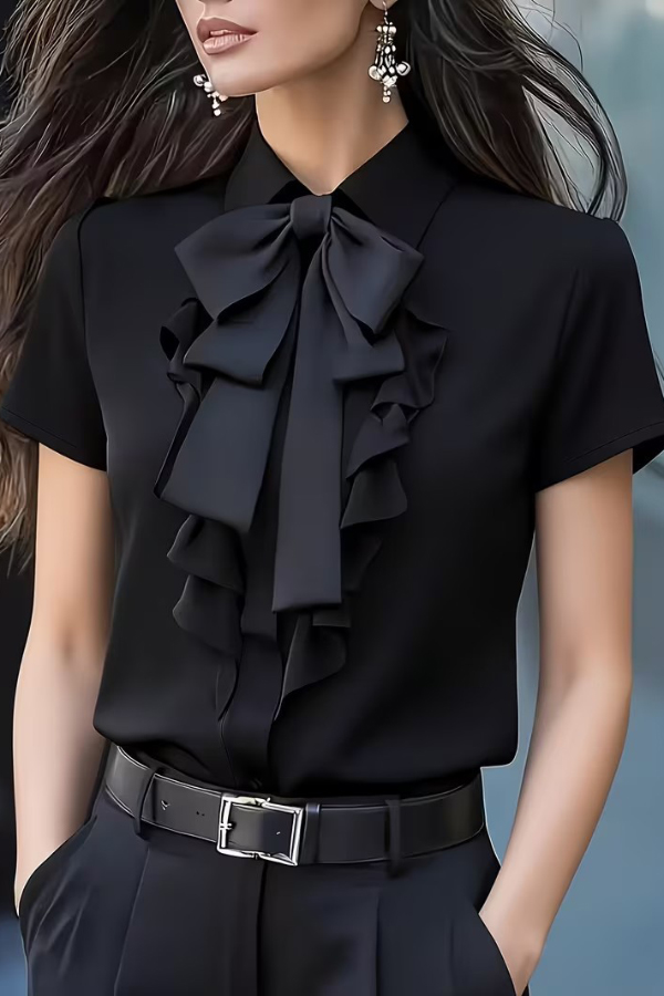 Solid Color Tie-neck Ruffle Collar Short-sleeved Casual Shirt | Consonak