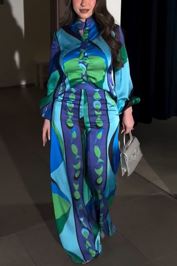 Ellie Satin Unique Print Balloon Sleeve High Low Shirt and Elastic Waist Pocket Loose Pants Set-Consonak