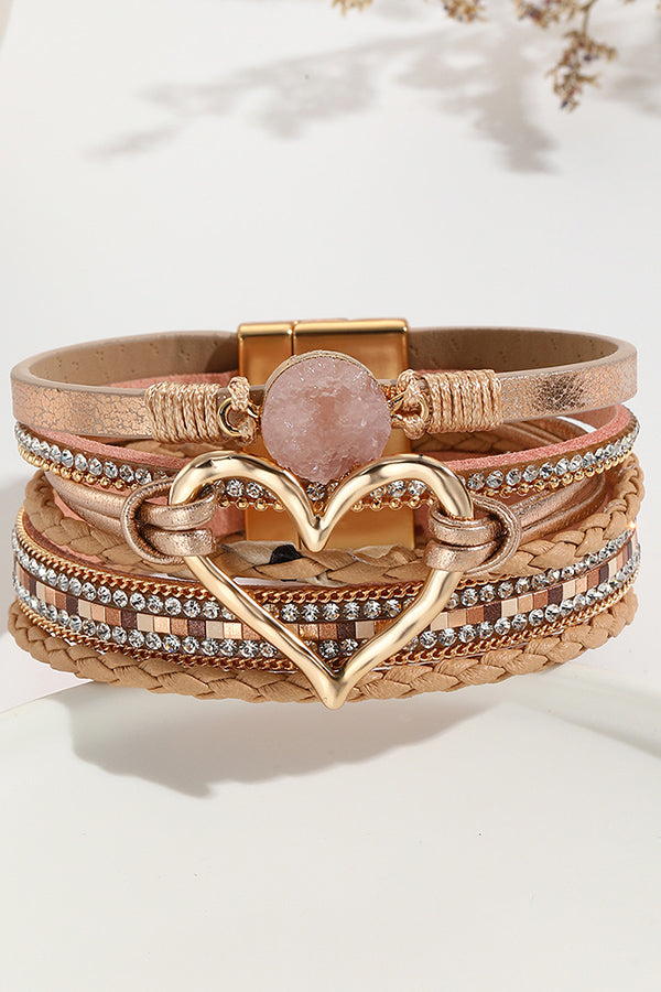 Bohemian Leather Cord Multi-layered Raw Stone Heart Bracelet | Consonak