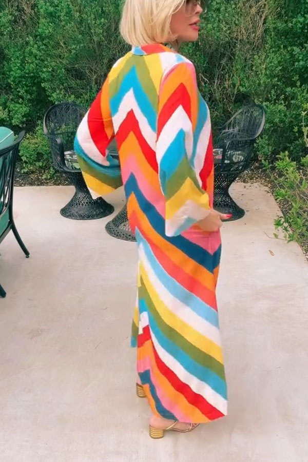 Rainbow Skyline Color-block Print Pocket A-line Shirt Maxi Dress