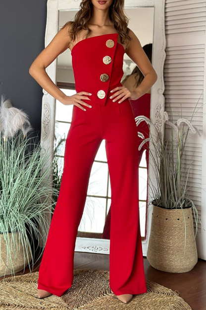 Solid Color Sexy Tube Top Gold Button Embellished Bootcut Jumpsuit-consonak