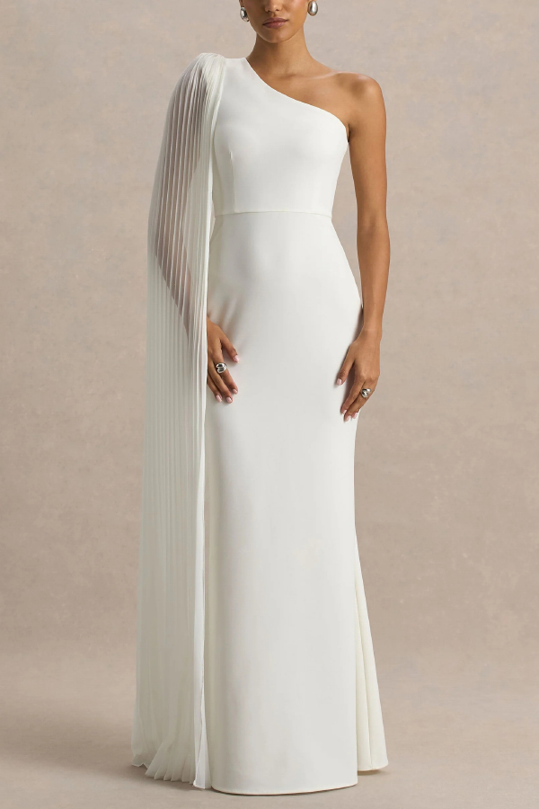 Solid Color Slanted Neckline Pleated Slim-fitting Elegant Maxi Dress