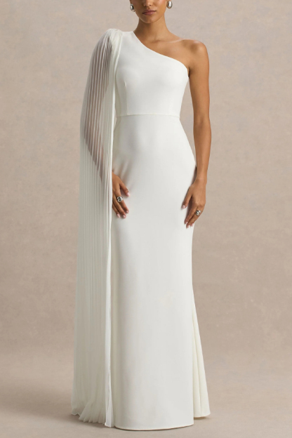 Solid Color Slanted Neckline Pleated Slim-fitting Elegant Maxi Dress