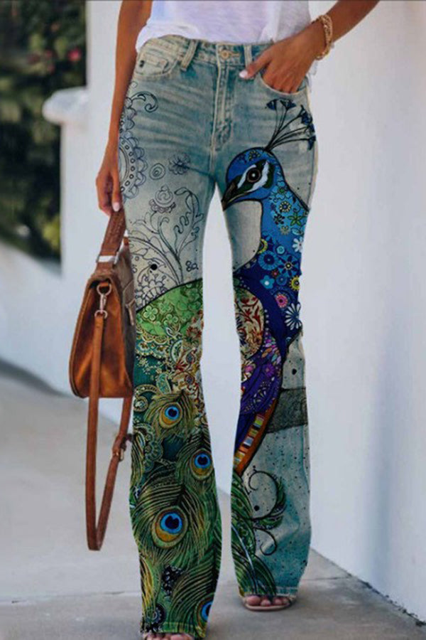 On A Drive Printed Faux Denim High Rise Flare Pants-consonak