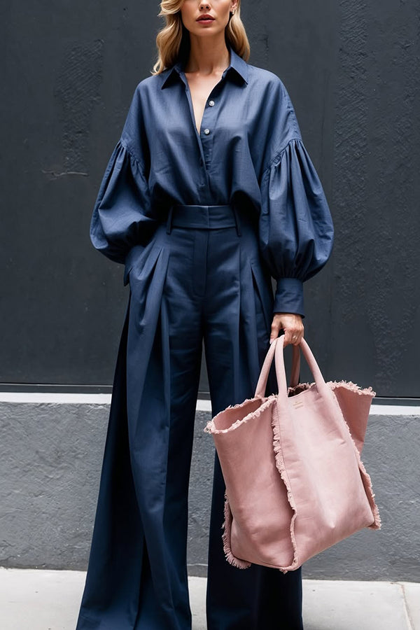 Solid Color Lapel Long-sleeved Loose Shirt and Casual Wide-leg Pants Set-consonak