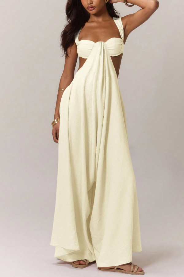 Solid Color Casual Camisole Loose Stretch Wide-leg Jumpsuit-consonak