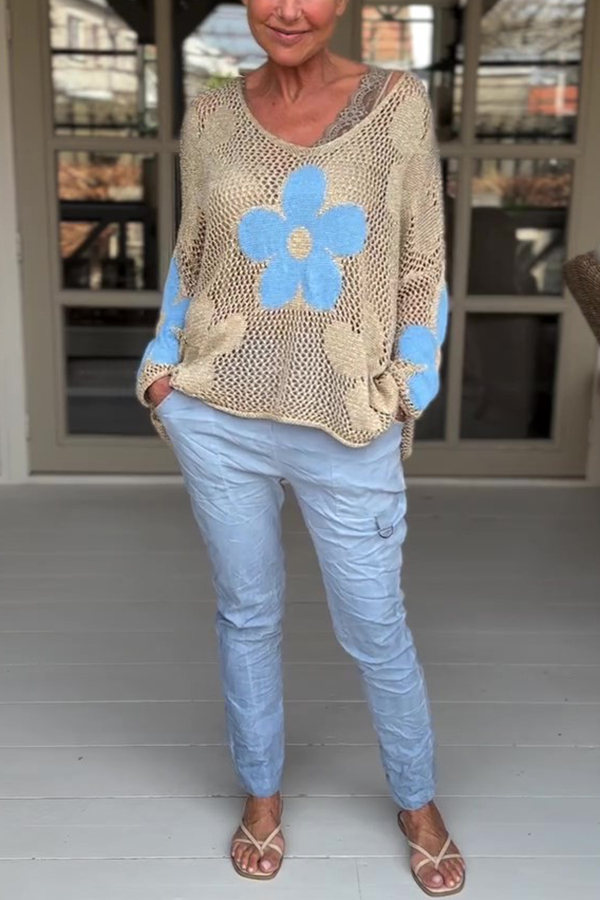 Embroidered Flower Hollow Long-sleeved Holiday Loose Knitted Top-consonak