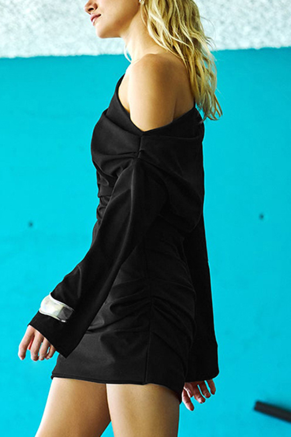 Solid Color Off-neck Long-sleeved Fitted Waist Casual Mini Dress-consonak