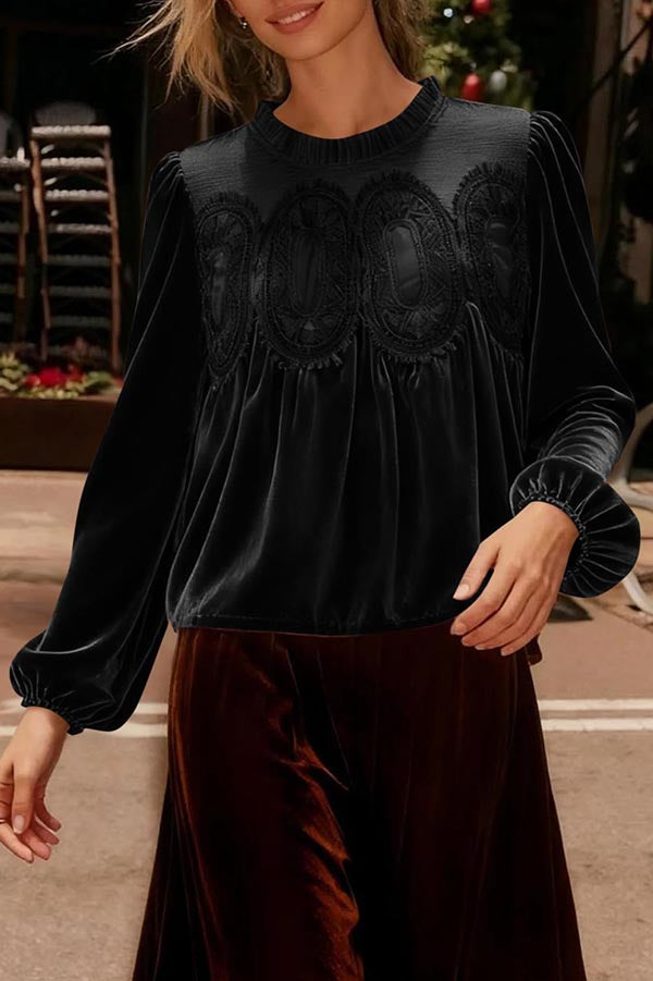 Fashionable Velvet and Lace Patchwork Loose Long-sleeved Top-consonak
