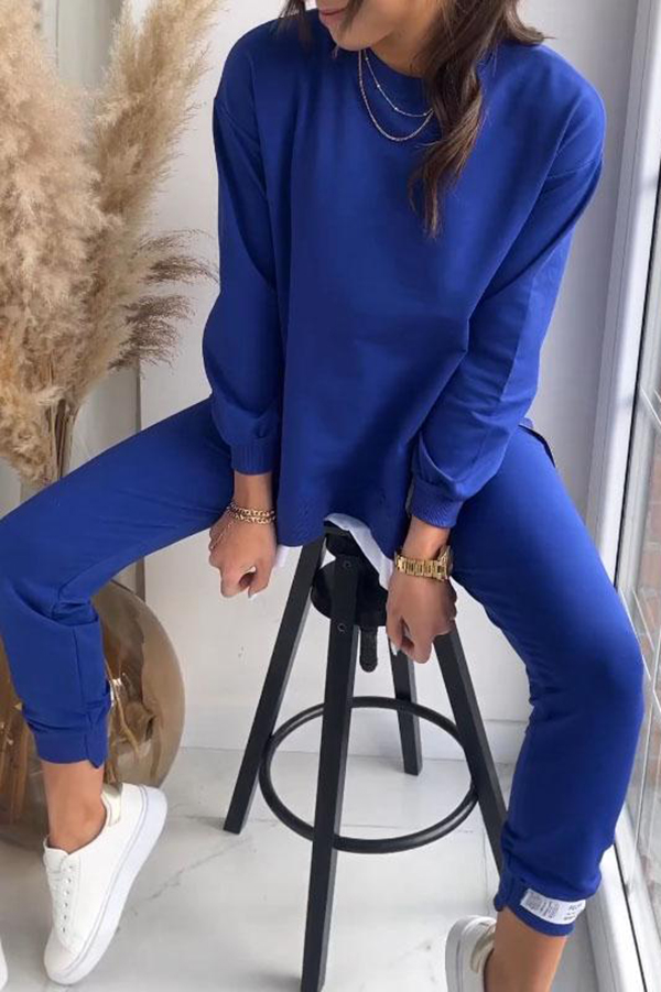 Solid Color Round Neck Long-sleeved Sweatshirt and Elastic Waist Pants Set-consonak