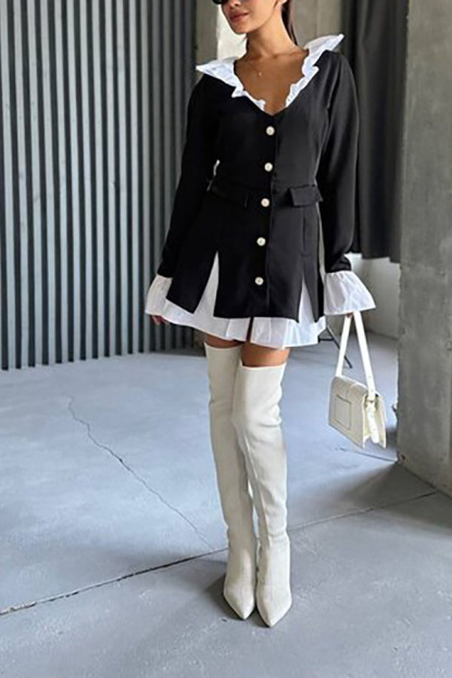 Altair Contrast Ruffled Shirt Patchwork Button Pleated Blazer Mini Dress-consonak