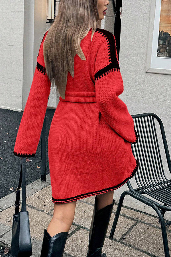 Stylish Loose-fitting Long-sleeved Tie-waist Knit Mini Dress-consonak