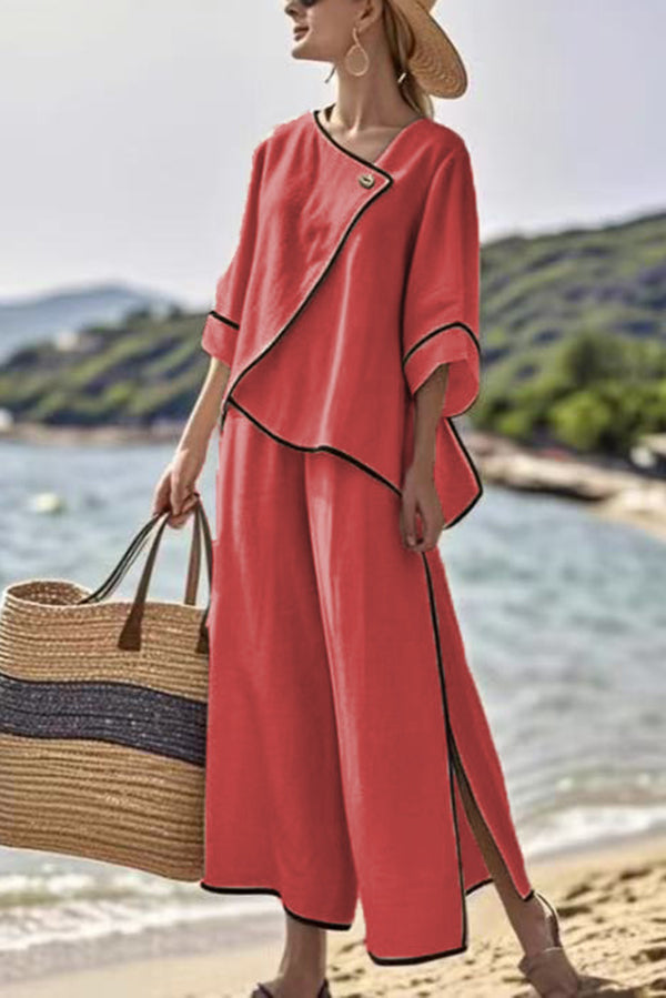 Stylish Color Trim Asymmetrical Casual Top and Elastic Waist and Wide-leg Pant Set-consonak